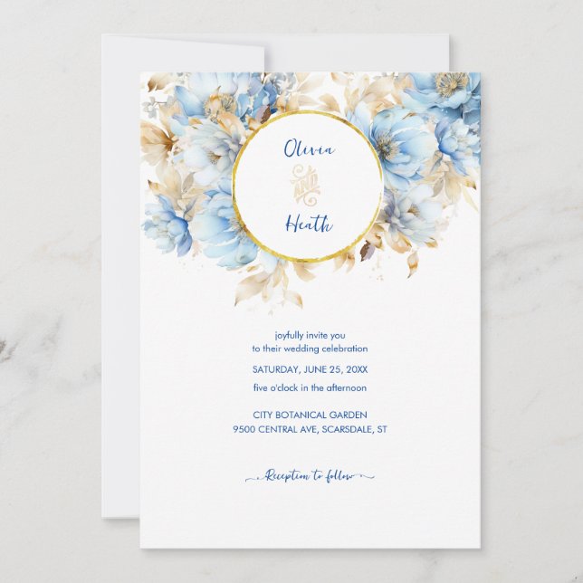 Dusty Blue Floral Gold Wedding Invitation (Front)