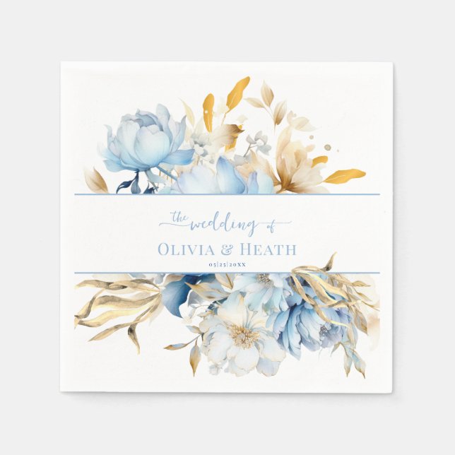 Dusty Blue Floral Gold Wedding Napkins (Front)