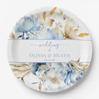 Dusty Blue Floral Gold Wedding Paper Plates