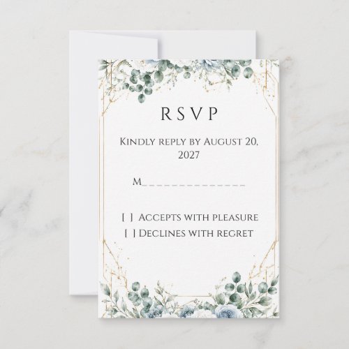 Dusty Blue Floral Gold Wedding RSVP Card