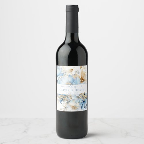 Dusty Blue Floral Gold Wedding Wine Label