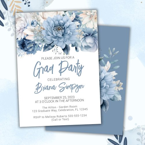 Dusty Blue Floral Graduation Grad Party Invitation