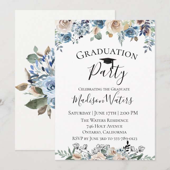 Dusty Blue Floral Graduation Party Invitation (Front/Back)