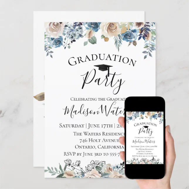 Dusty Blue Floral Graduation Party Invitation Zazzle