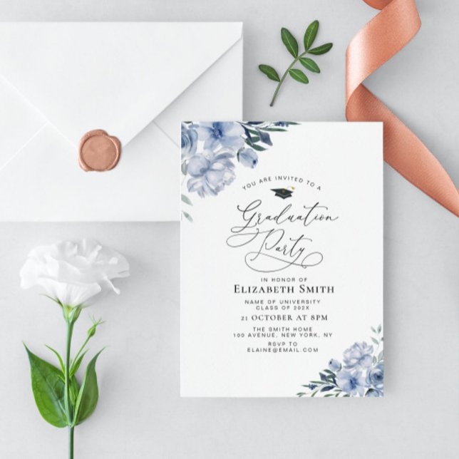 dusty blue floral graduation party invitation (Creator Uploaded)