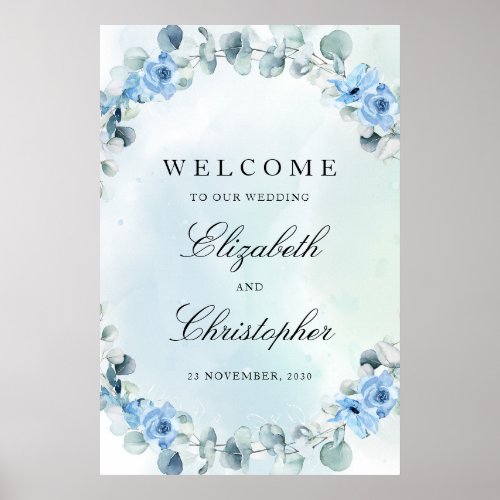Dusty Blue Floral Green Eucalyptus Weclome Sign