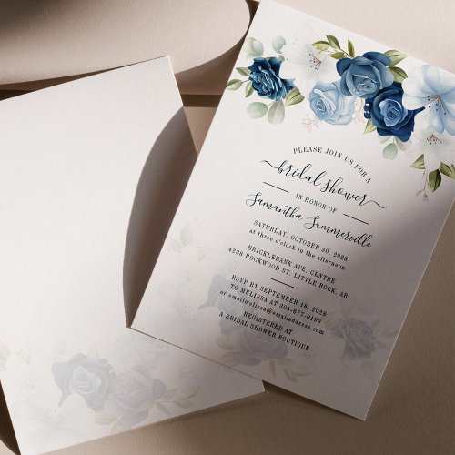 Dusty Blue Floral Greenery Blush Bridal Shower Invitation