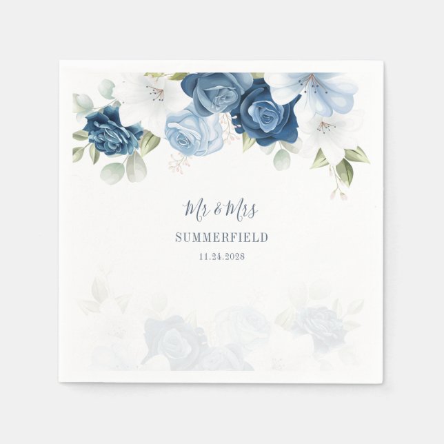 Dusty Blue Floral Greenery Botanical Wedding Paper Napkins (Front)