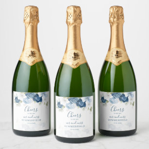 Dusty Blue Floral Greenery Botanical Wedding Sparkling Wine Label
