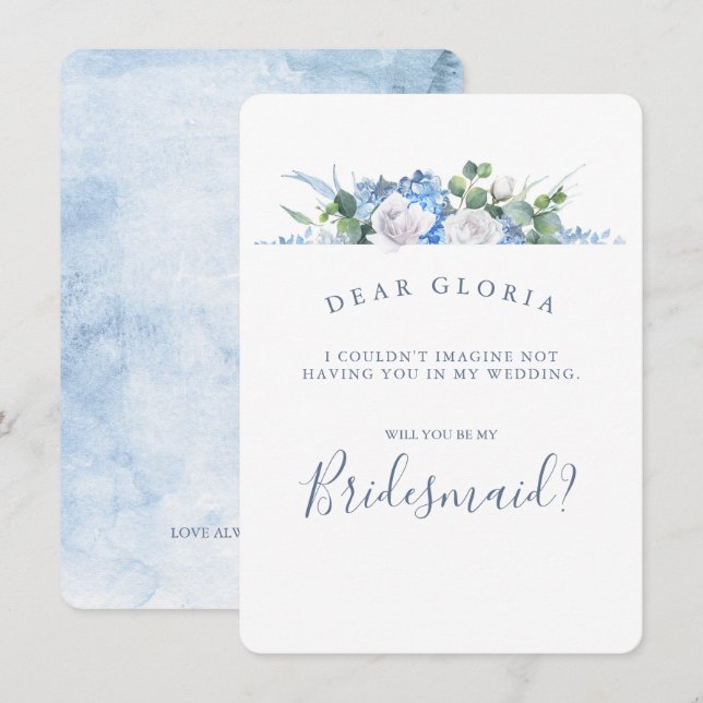 Dusty Blue Floral Greenery Bridesmaid Proposal Invitation (Front/Back)