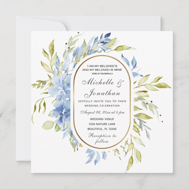 Dusty Blue Floral Greenery Christian Wedding Invitation (Front)