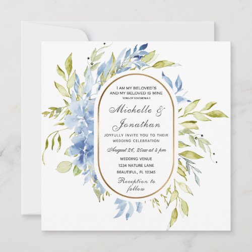 Dusty Blue Floral Greenery Christian Wedding Invitation