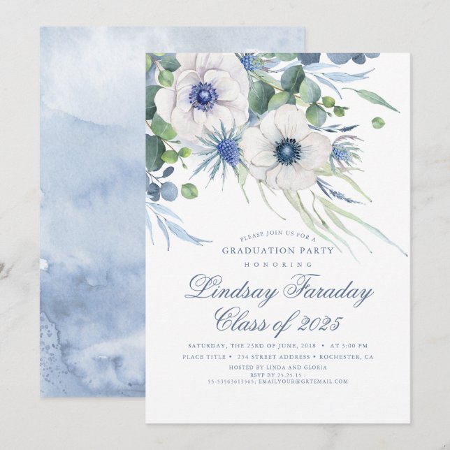 Dusty Blue Floral Greenery Elegant Graduation Invitation (Front/Back)