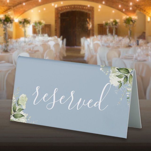 Dusty Blue Floral Greenery Elegant Script Reserved Table Tent (Dusty Blue Floral Greenery Elegant Script Reserved Table Tent Sign)