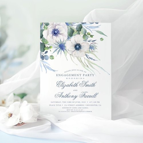 Dusty Blue Floral Greenery Engagement Party Invitation