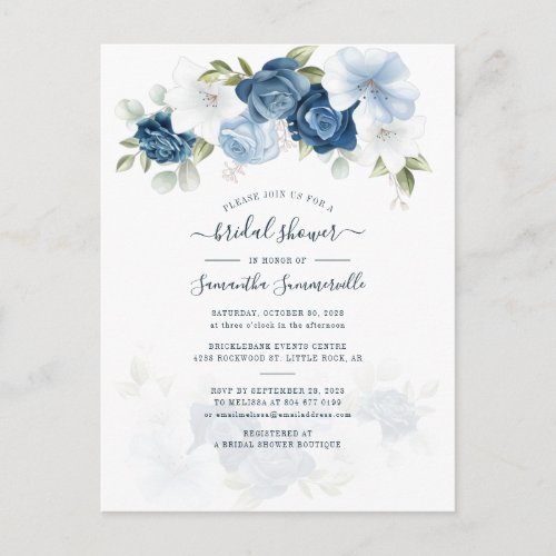 Dusty Blue Floral Greenery Foliage Bridal Shower Invitation Postcard