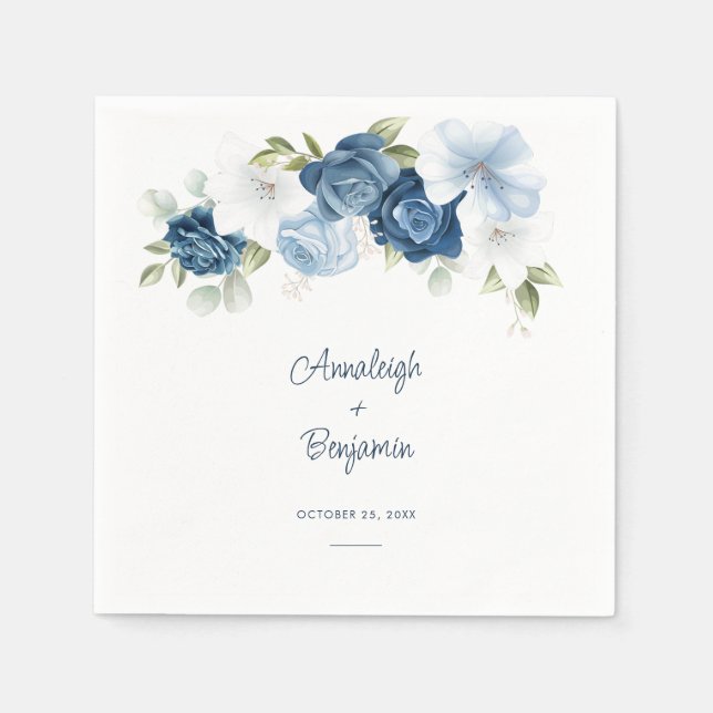 Dusty Blue Floral Greenery Foliage Wedding Napkins (Front)