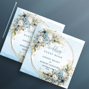 Dusty Blue Floral Greenery Gold Glitter Wedding Guest Book