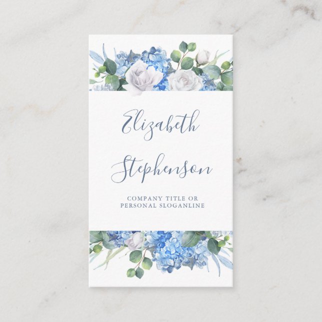 Dusty Blue Floral Greenery - Hydrangea Blooms Business Card (Front)