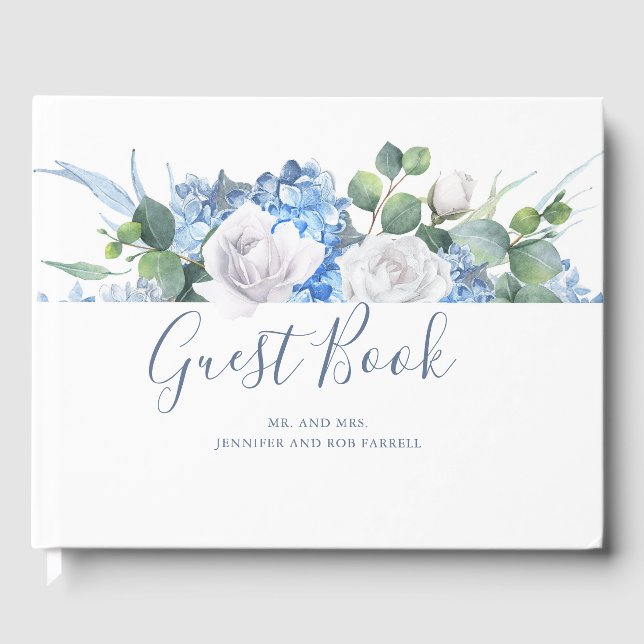 Dusty Blue Floral Greenery | Hydrangea Wedding Guest Book (Front)