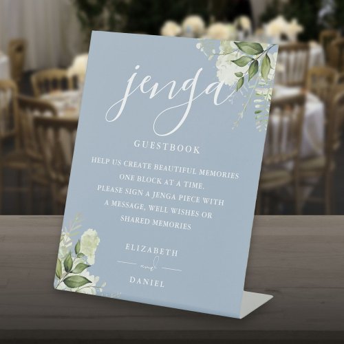 Dusty Blue Floral Greenery Jenga Wedding Guestbook Pedestal Sign