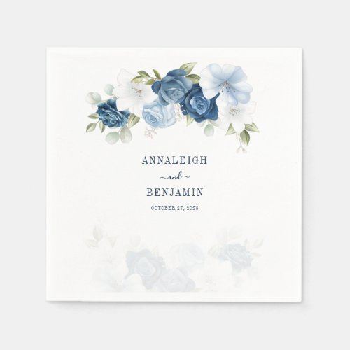 Dusty Blue Floral Greenery Leaves Wedding Cocktail Napkins