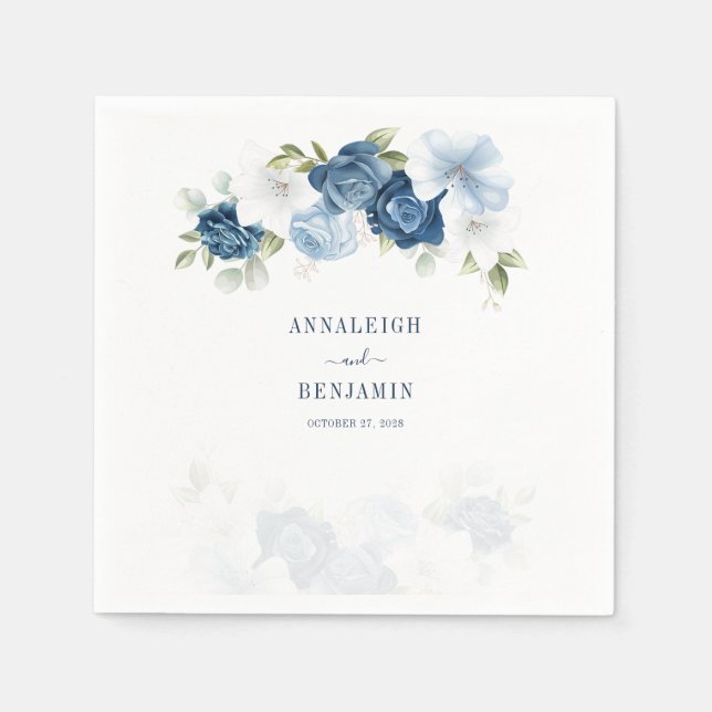 Dusty Blue Floral Greenery Leaves Wedding Cocktail Napkins (Front)