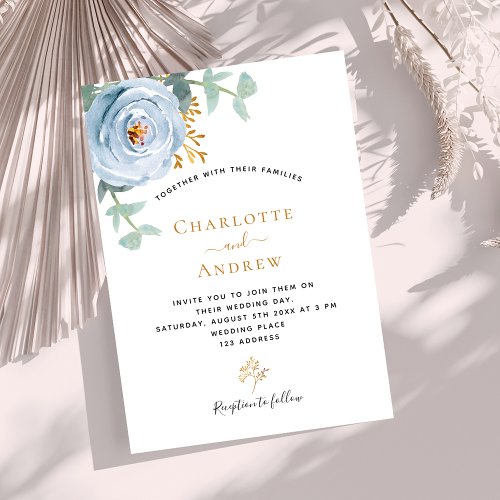 Dusty blue floral greenery luxury wedding invitation