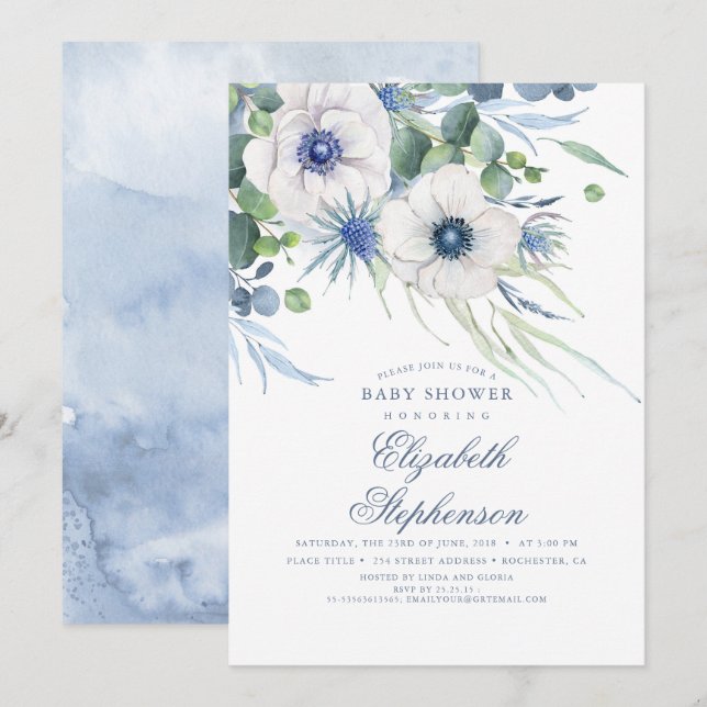 Dusty Blue Floral Greenery Modern Baby Shower Invitation (Front/Back)