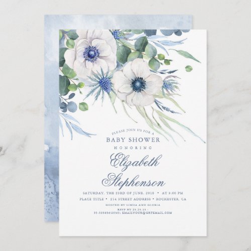 Dusty Blue Floral Greenery Modern Baby Shower Invitation