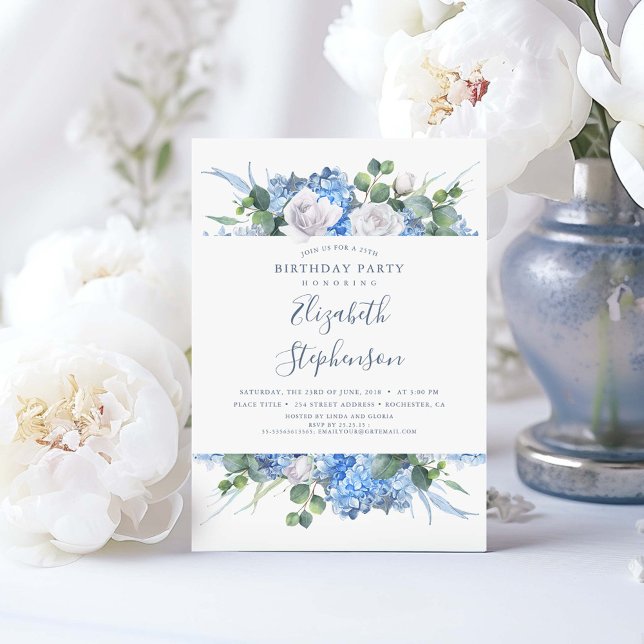 Dusty Blue Floral Greenery Modern Birthday Invitation (Dusty Blue Birthday Invitations)