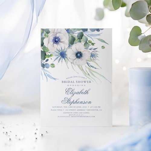 Dusty Blue Floral Greenery Modern Bridal Shower Invitation