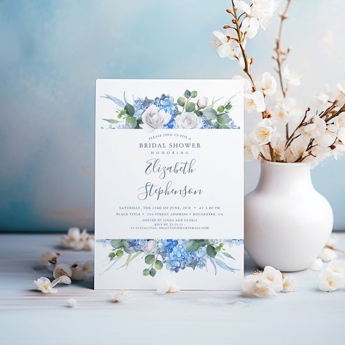 Dusty Blue Floral Greenery Modern Bridal Shower Invitation