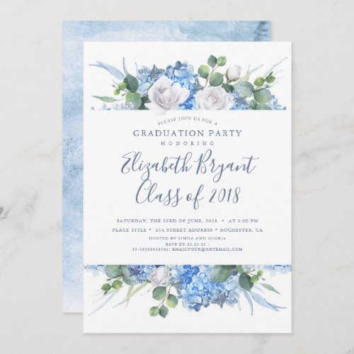 Dusty Blue Floral Greenery Modern Graduation Invitation