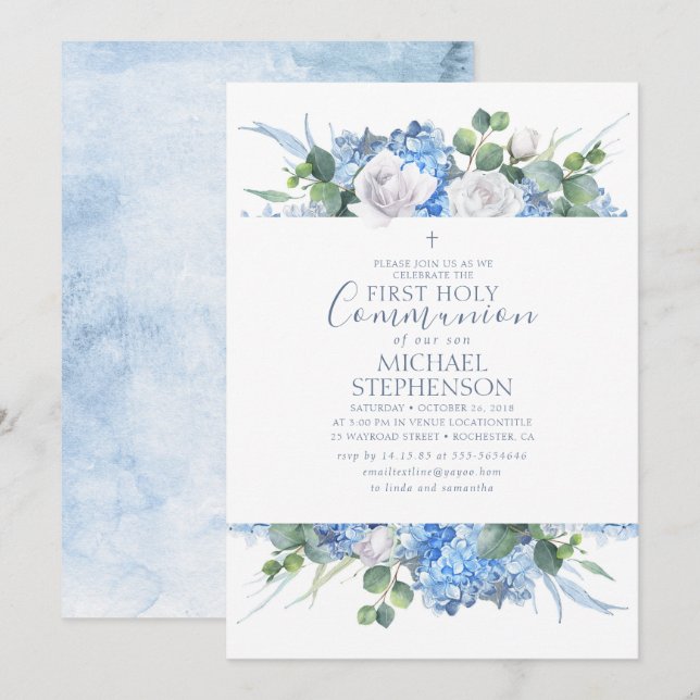 Dusty Blue Floral Greenery Modern Holy COMMUNION Invitation (Front/Back)