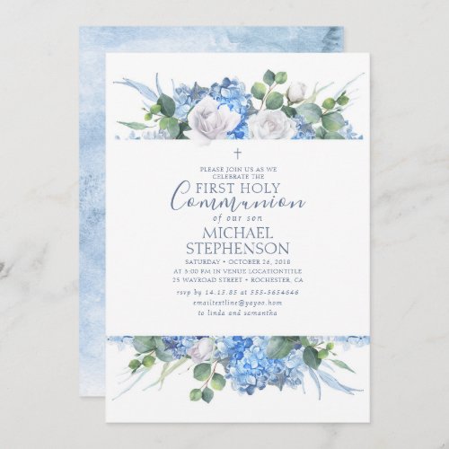 Dusty Blue Floral Greenery Modern Holy COMMUNION Invitation