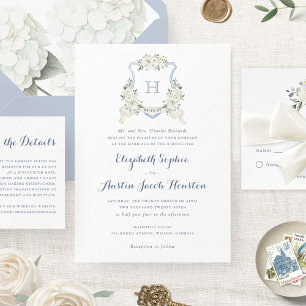 Dusty Blue Floral Greenery Monogram Crest Wedding Invitation