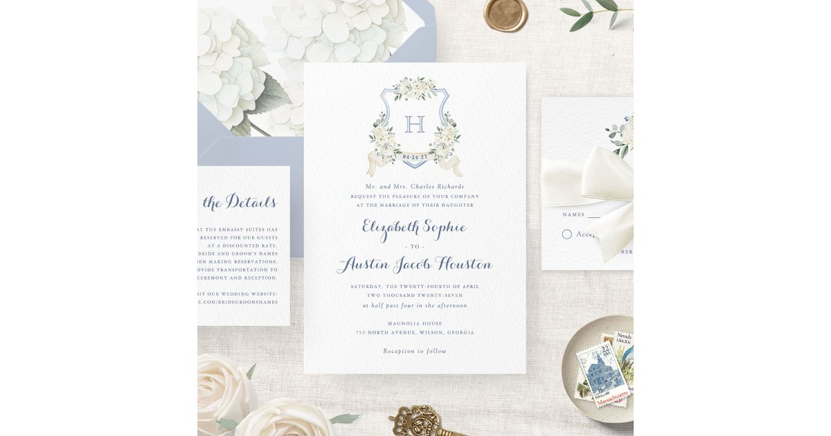 Dusty Blue Floral Greenery Monogram Crest Wedding Invitation | Zazzle