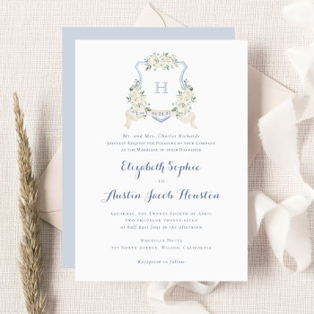 Dusty Blue Floral Greenery Monogram Crest Wedding Invitation by CheriDesigns at Zazzle