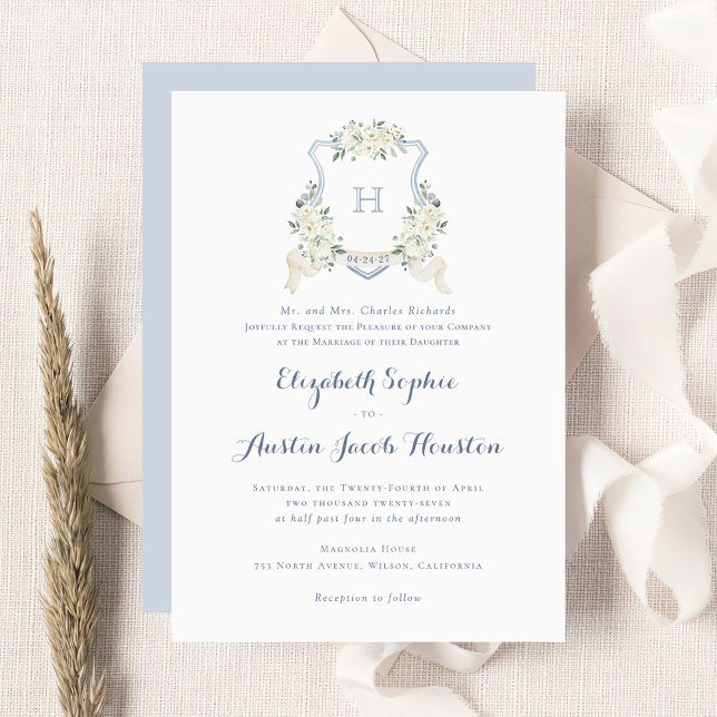 Dusty Blue Floral Greenery Monogram Crest Wedding Invitation (Creator Uploaded)