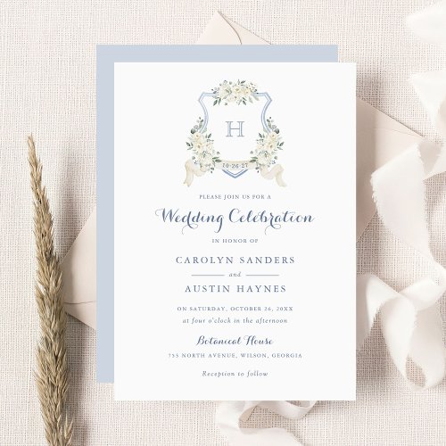 Dusty Blue Floral Greenery Monogram Crest Wedding Invitation