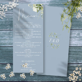 Dusty Blue Floral Greenery Monogram Wedding Dinner Menu
