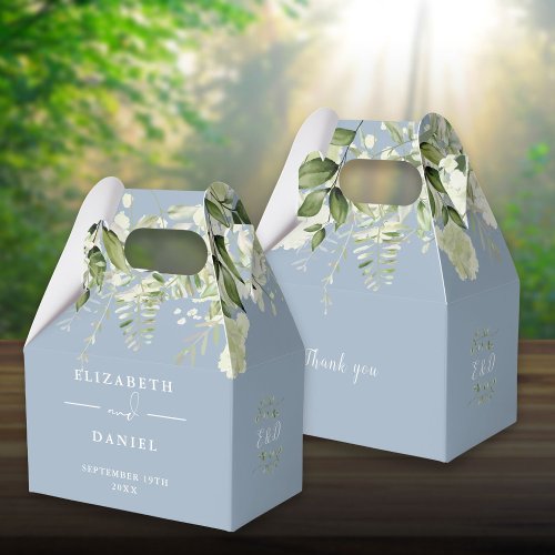 Dusty Blue Floral Greenery Monogram Wedding Favor Boxes