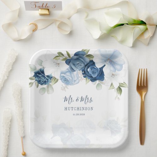 Dusty Blue Floral Greenery Mr and Mrs Wedding Paper Plates