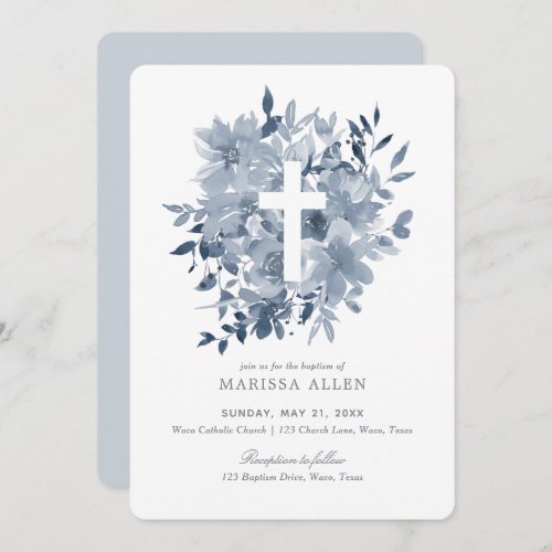 Dusty Blue Floral Greenery Neutral Baptism Invitation