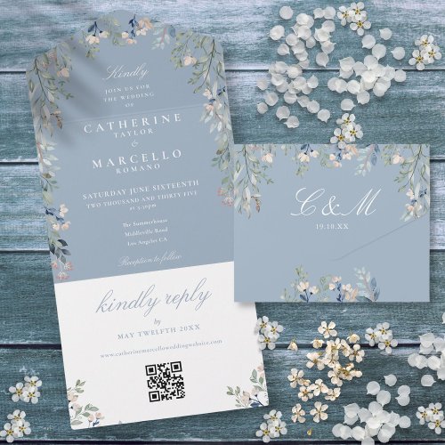 Dusty Blue Floral Greenery QR Code Wedding All In One Invitation