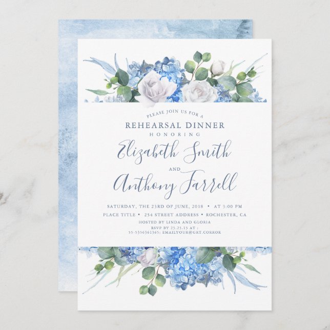 Dusty Blue Floral Greenery Rehearsal Dinner Invitation (Front/Back)