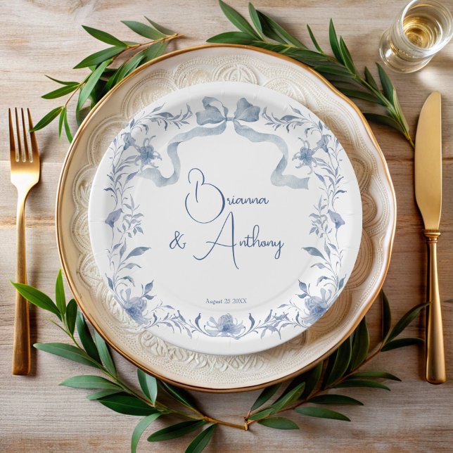 Dusty blue floral greenery ribbon elegant custom paper plates (Dusty blue floral greenery ribbon elegant monogrammed  paper plates personalized table decor)