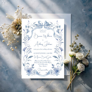 Dusty blue floral greenery ribbon elegant wedding invitation