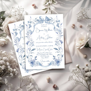 Dusty blue floral greenery ribbon elegant wedding invitation